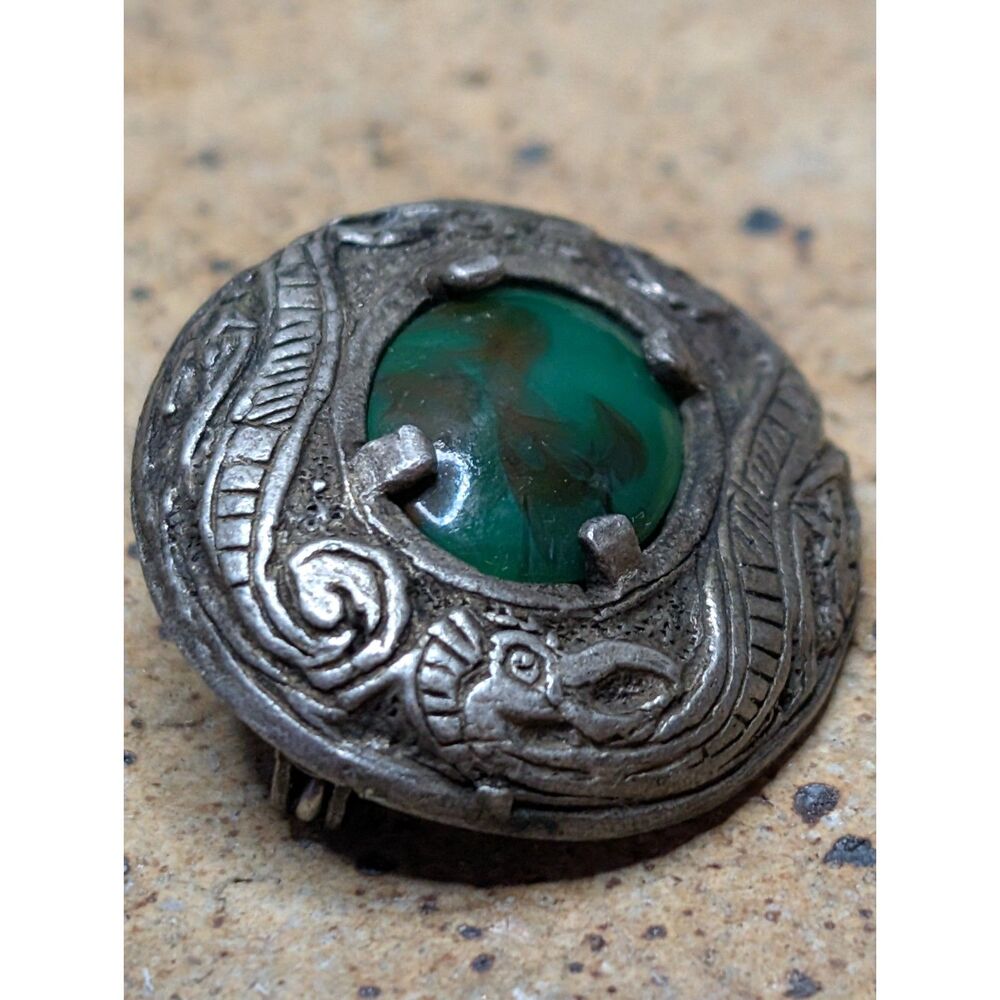 Vintage Miracle Celtic Revival Brooch Green Cabochon UK Pin